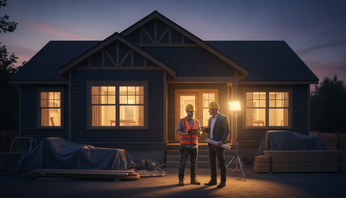 photorealistic evening shot of a partially renovated single-family home with dark exterior siding, warm gold interior lights glowing through windows, contractor and investor reviewing plans under site lighting, subtle dark and gold color palette