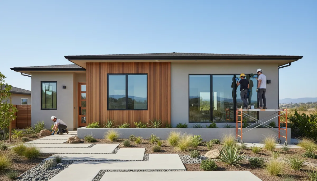 photorealistic neutral-toned scene of a newly renovated modern single-family home with contractors finishing final touches on the exterior, clean landscaping, subtle branding-friendly look