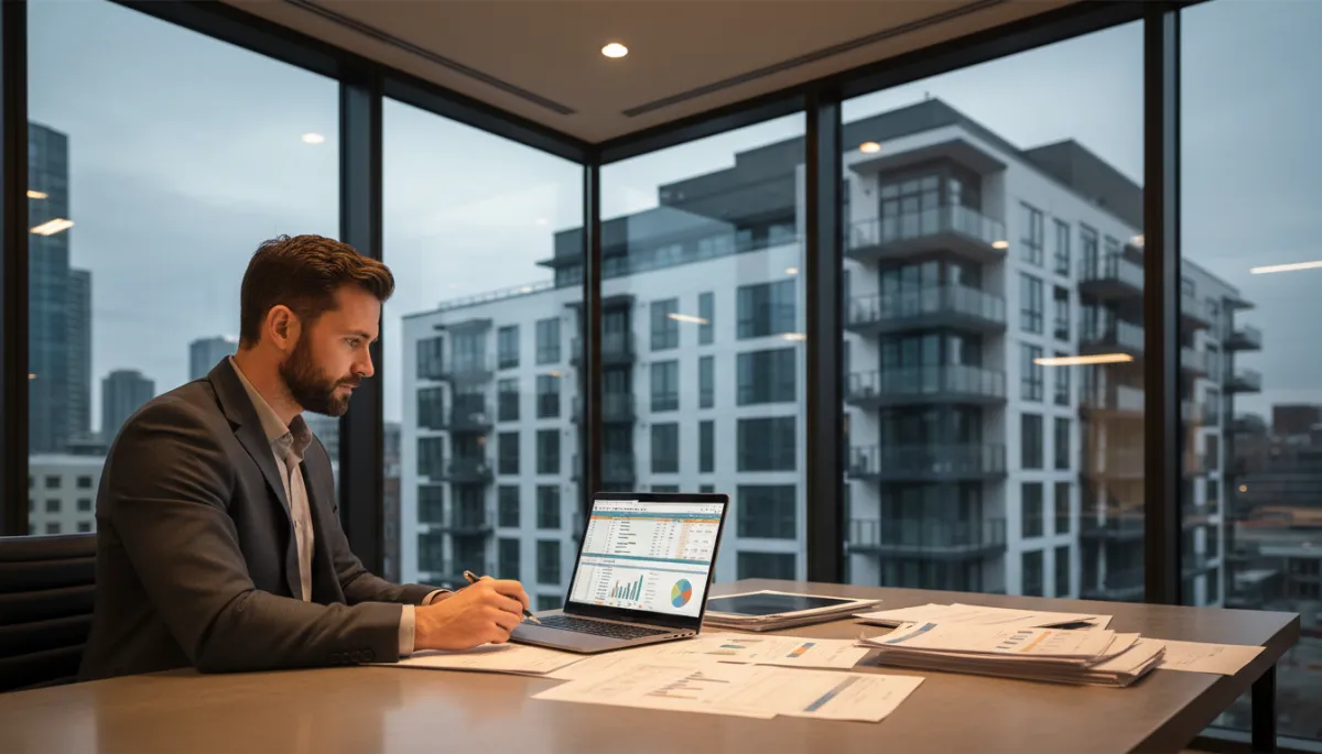 photorealistic neutral-toned scene of a modern real estate investor in a glass-walled office reviewing rental property financial documents and a laptop cash-flow model, with a premium multifamily building visible through the window, professional lighting, clean composition