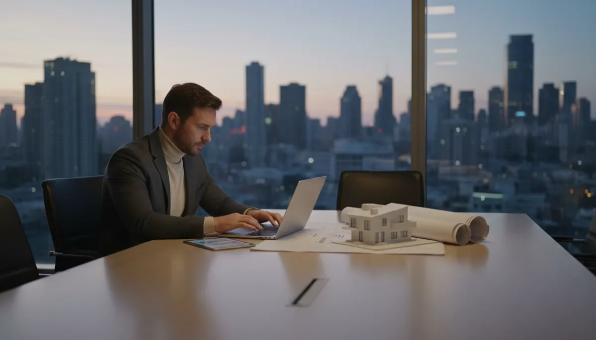 photorealistic neutral-toned modern real estate investor reviewing property numbers on a laptop at a conference table with architectural plans and a small house model, large windows showing a city skyline at dusk, subtle text space for overlay