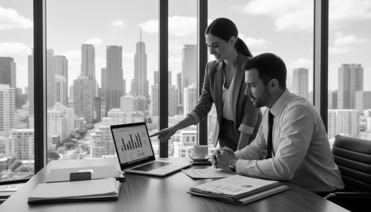 photorealistic black-and-white scene of a confident self-employed real estate investor reviewing property financials with a loan officer in a modern glass-walled office, city skyline in background, both looking at a laptop displaying charts and mortgage terms