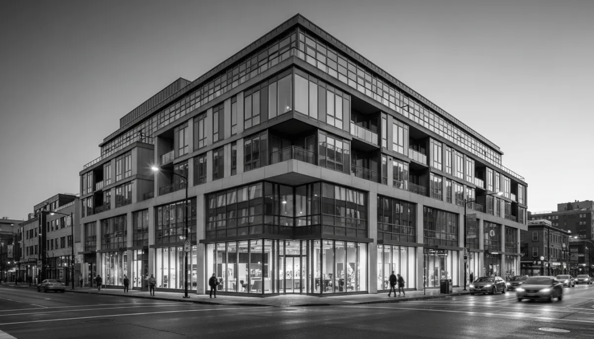 photorealistic black-and-white streetscape of a modern mixed-use urban corner building with ground-floor retail storefronts and several stories of apartments above, shot at dusk with subtle reflections in glass, clean professional composition