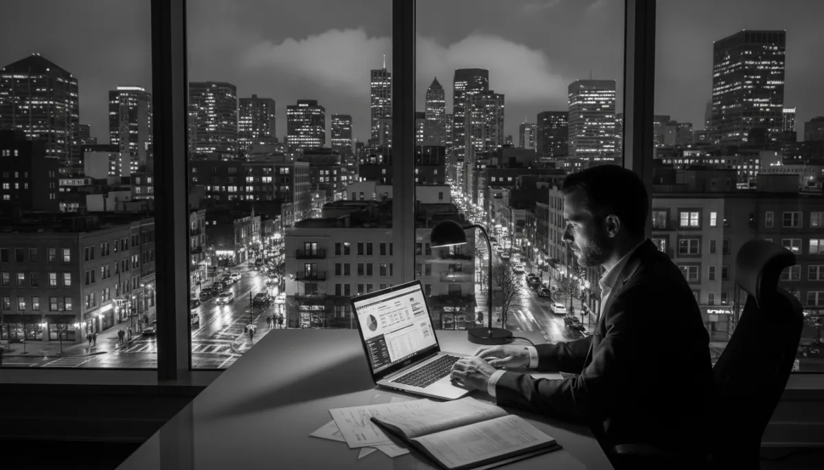 photorealistic black-and-white night-time city street with mid-rise multifamily and mixed-use investment properties, a serious real estate investor reviewing deal documents on a laptop in a modern office with skyline view, subtle dramatic lighting