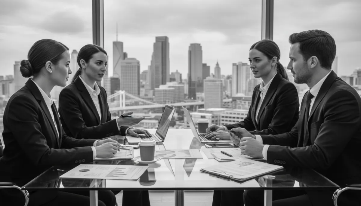photorealistic black-and-white scene of professional mortgage brokers and a direct lender meeting around a glass conference table, city skyline in the background, sharp suits, documents and laptops on the table, confident business atmosphere