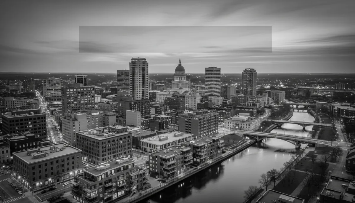 photorealistic black and white aerial view of downtown Providence Rhode Island at dusk, mix of historic brick buildings and modern waterfront developments, subtle overlay space for headline text