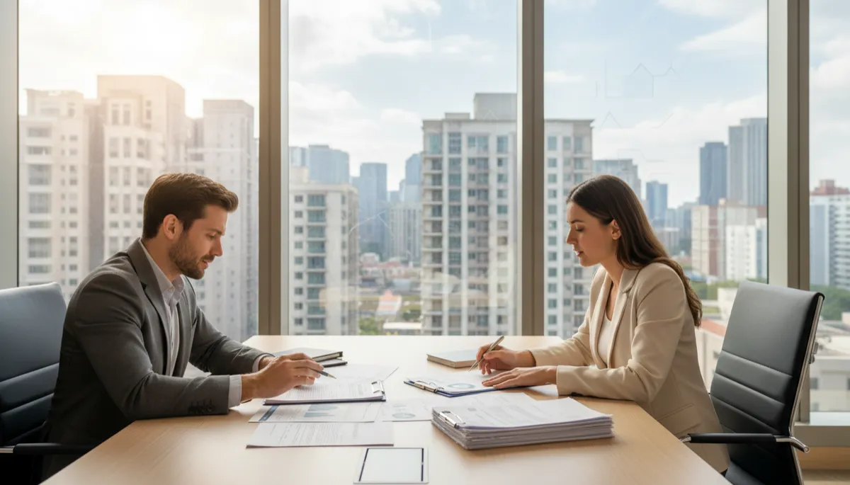 photorealistic neutral-toned scene of a real estate investor and lender reviewing deal documents at a modern conference table, city skyline and mid-rise multifamily buildings visible through large windows, soft natural light, subtle text overlay on glass wall