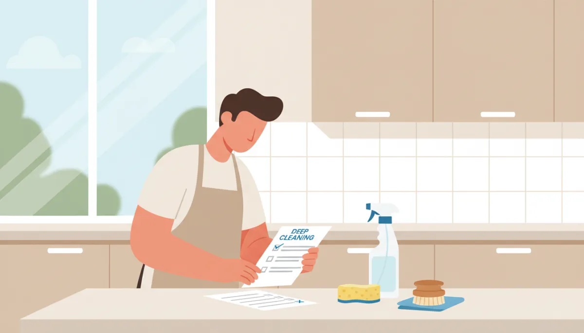 Person reviewing a deep cleaning checklist in a tidy neutral kitchen Person reviewing a deep cleaning checklist in a tidy neutral kitchen