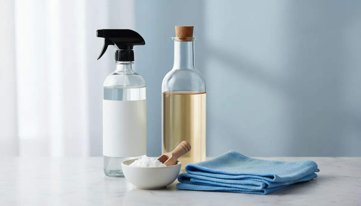 Non-toxic cleaning supplies including vinegar, baking soda, and microfiber cloths on a bathroom counter