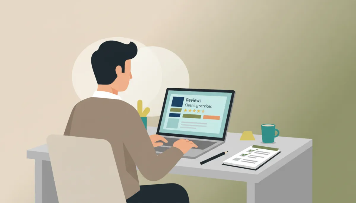 Person reviewing cleaning service reviews on a laptop in a neutral-toned home office