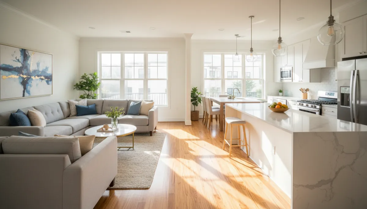 Freshly cleaned open-concept living room and kitchen in Charlotte home