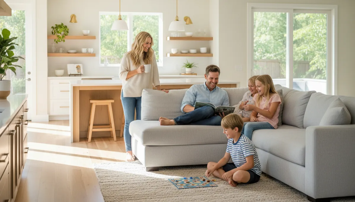 Charlotte family relaxing together in a bright, clean home in a lifestyle scene