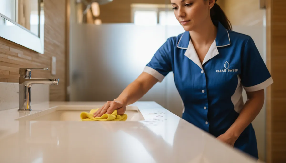 Professional cleaner wiping a gleaming bathroom countertop with a microfiber cloth