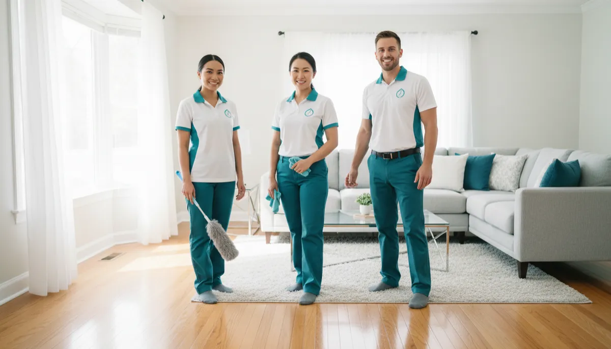 bright_clean photorealistic scene of a smiling professional cleaning team in branded uniforms standing in a sunlit Charlotte living room with gleaming hardwood floors and neatly arranged furniture, soft natural light and airy white walls