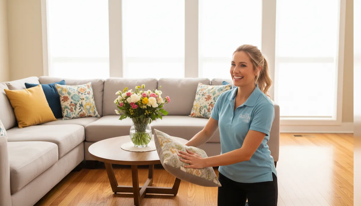 bright lifestyle photo of a sunlit Charlotte living room with large windows, soft neutral sofa, colorful throw pillows, sparkling hardwood floors, fresh flowers on a tidy coffee table, and a cheerful professional cleaner from The Queening Crew fluffing cushions
