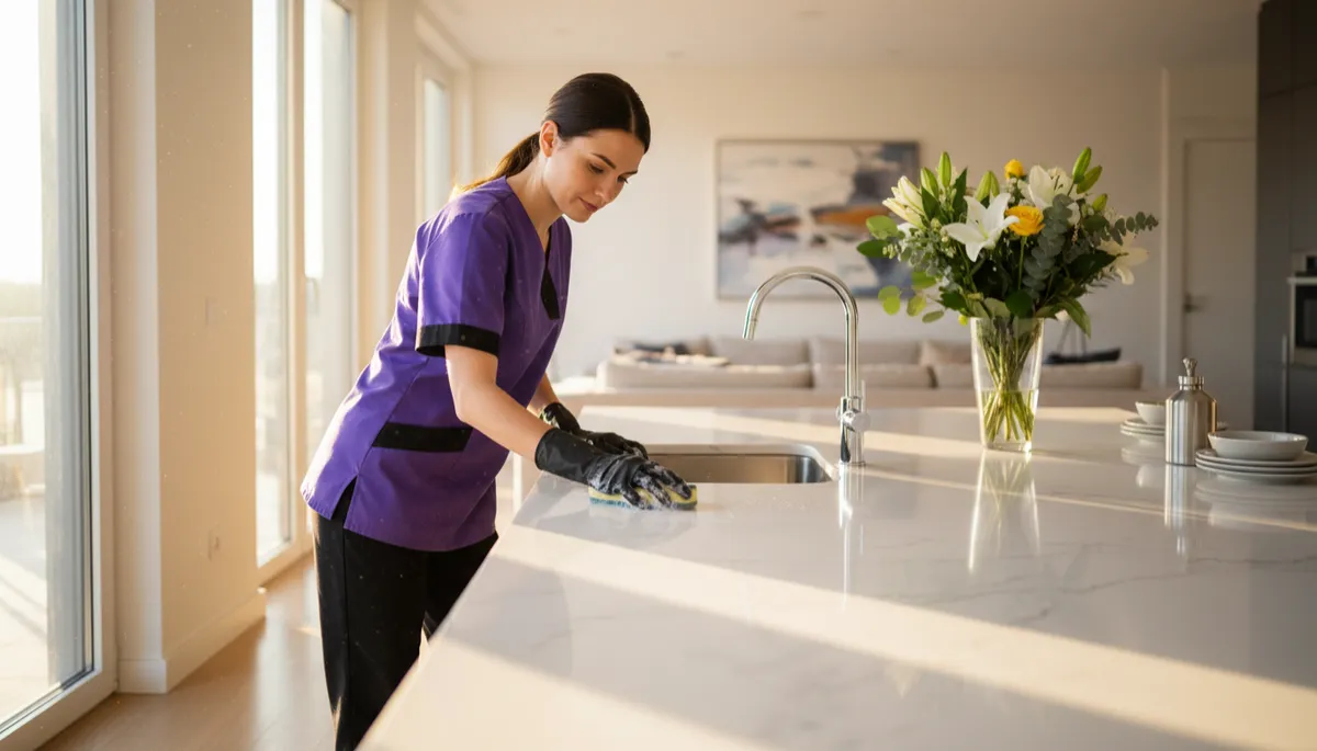 photorealistic professional female cleaner in royal purple and black uniform scrubbing a gleaming white and stainless-steel kitchen, bright warm natural light streaming through large windows, modern Charlotte-style open-concept home interior with tidy countertops and fresh flowers on the island