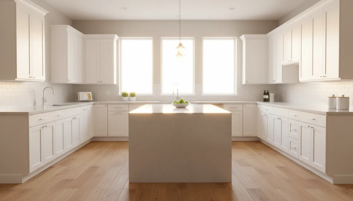 photorealistic bright sparkling clean modern open-concept kitchen in a Charlotte-style home with large windows, natural warm sunlight, white cabinets, quartz countertops, hardwood floors, subtle decor, no people