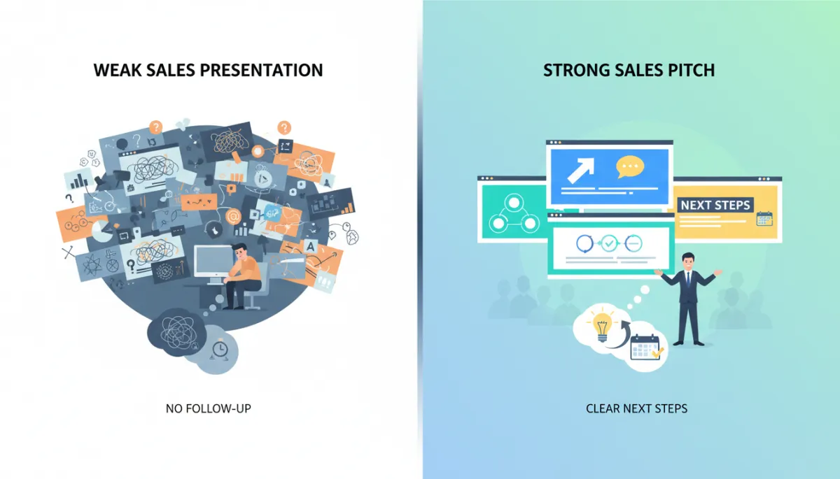 Side-by-side comparison infographic showing a weak salespresentation with cluttered slides and no followup on the left, and a strong, conversational salespitch with clear next steps on the right, clean flat-design style