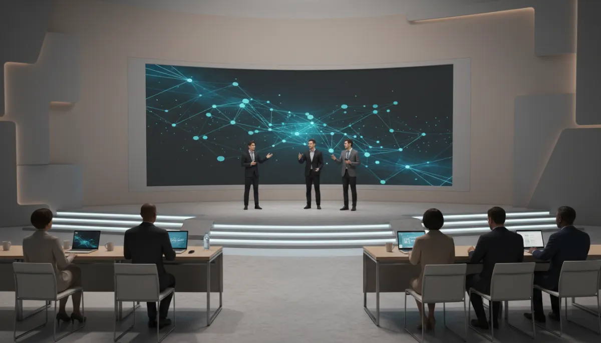 Professional scene of founders pitching on stage at a Shenzhen startup competition
