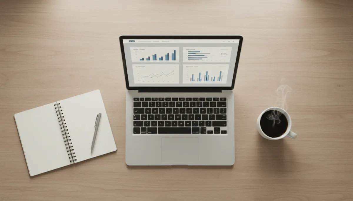 Laptop showing pitch deck traction metrics on a table