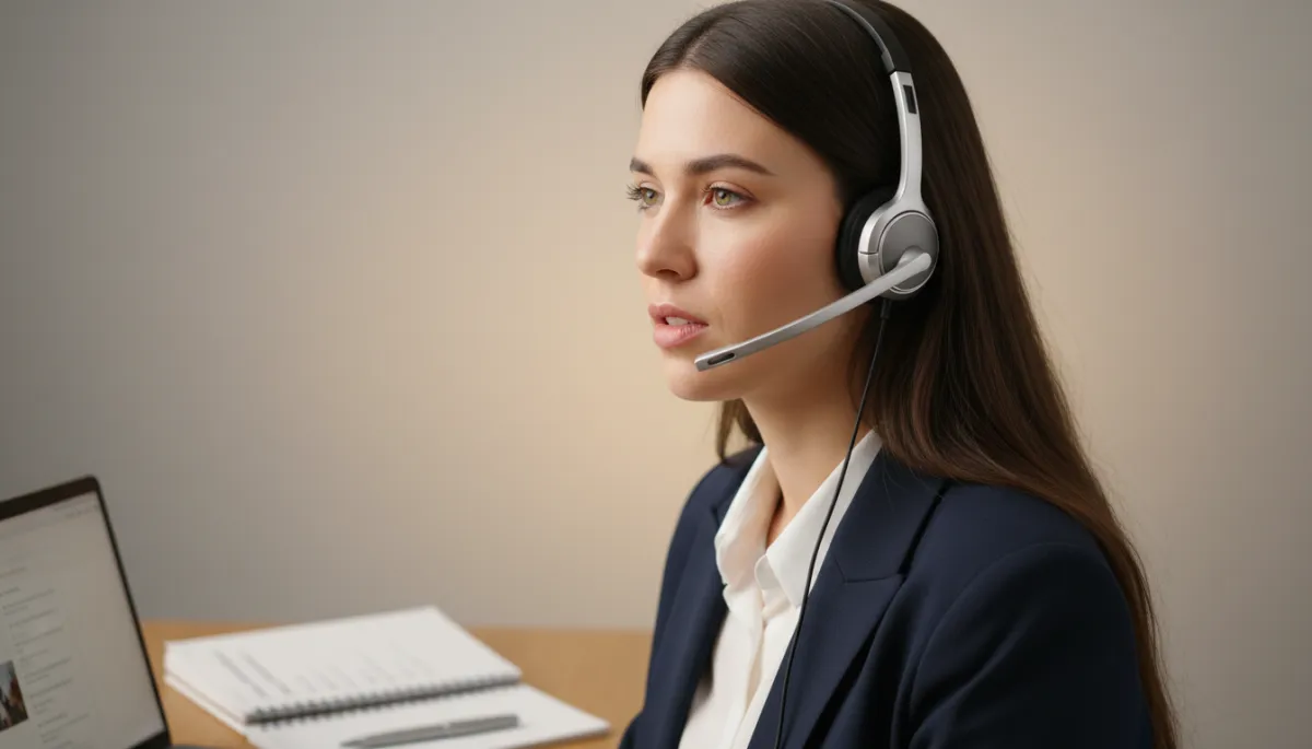 Salesperson on a video call referencing objection handling notes Salesperson on a video call referencing objection handling notes