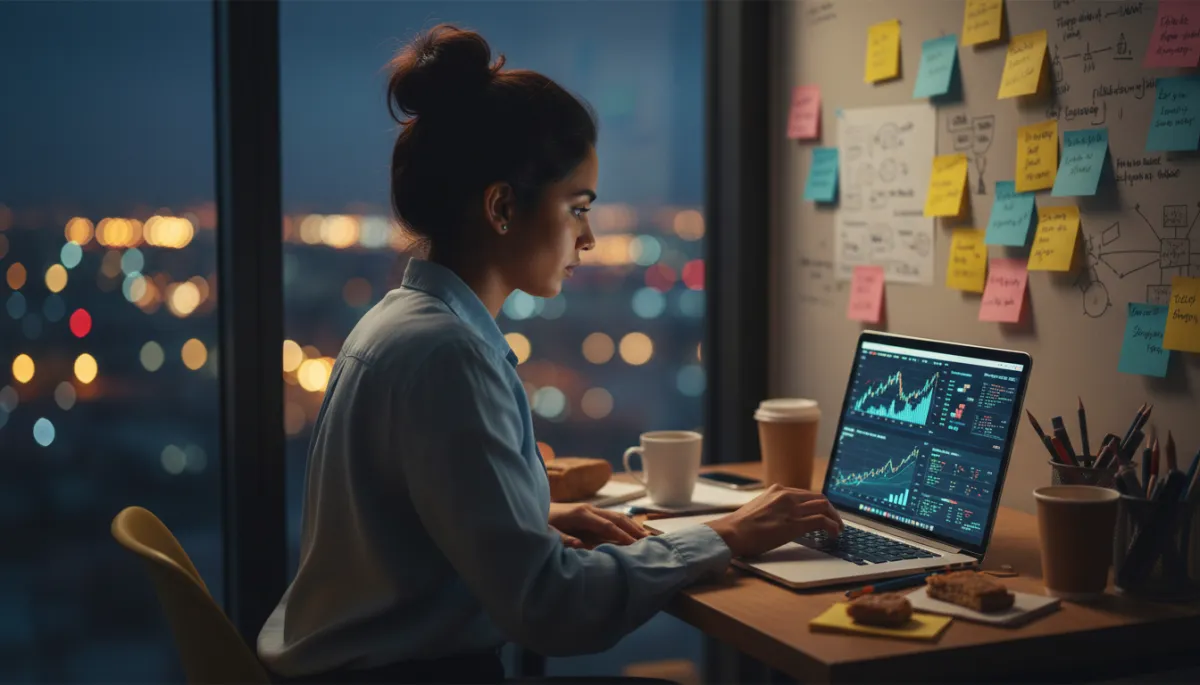 Young founder working late at a small desk with laptop and notes on the wall