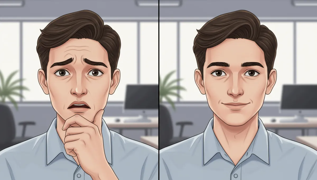 Split-screen of the same founder looking anxious in one frame and confident in another during a pitch