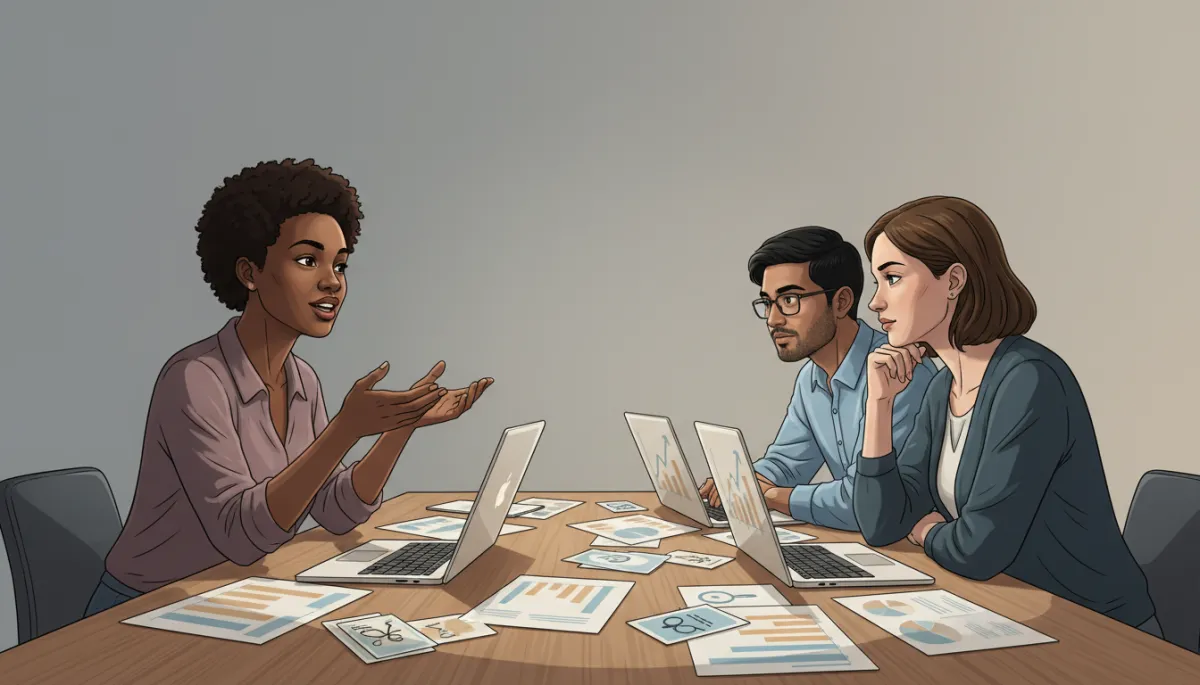 Founders refining their sales story together in an editorial illustration style