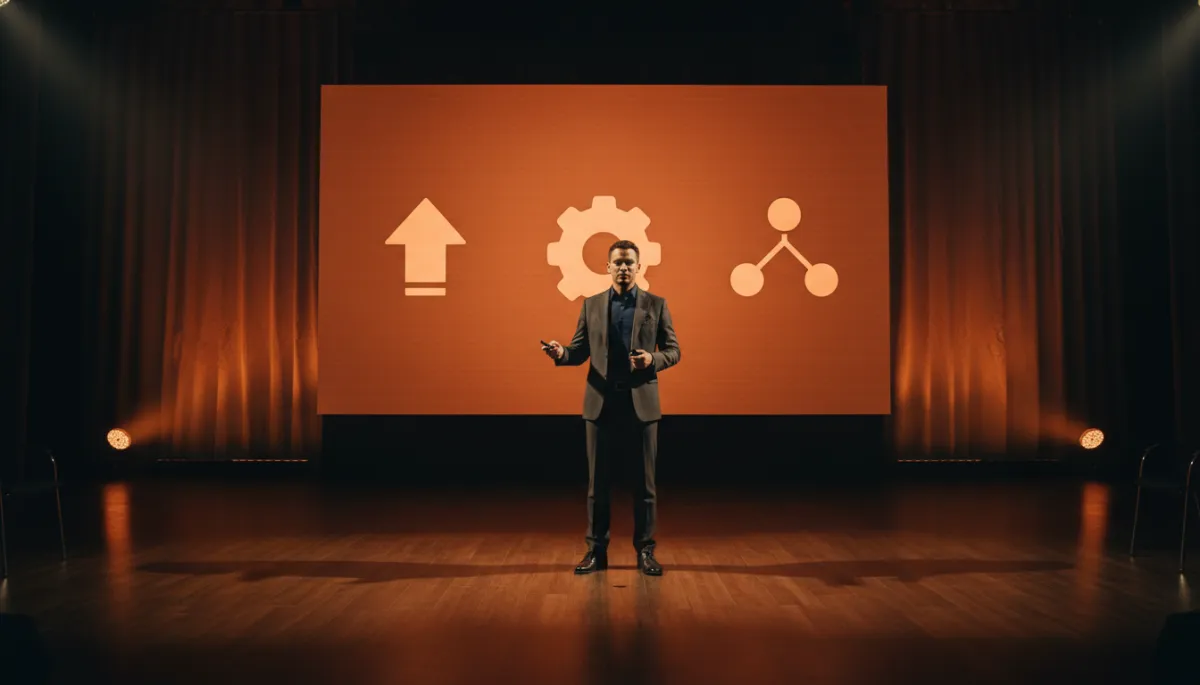 how to pitch to investors and clients — presenter on stage with simple icons