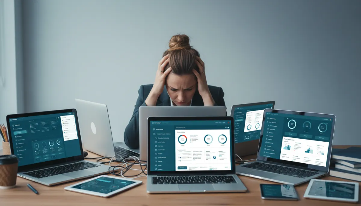how to sell edutech — overwhelmed teacher surrounded by multiple education technology tools