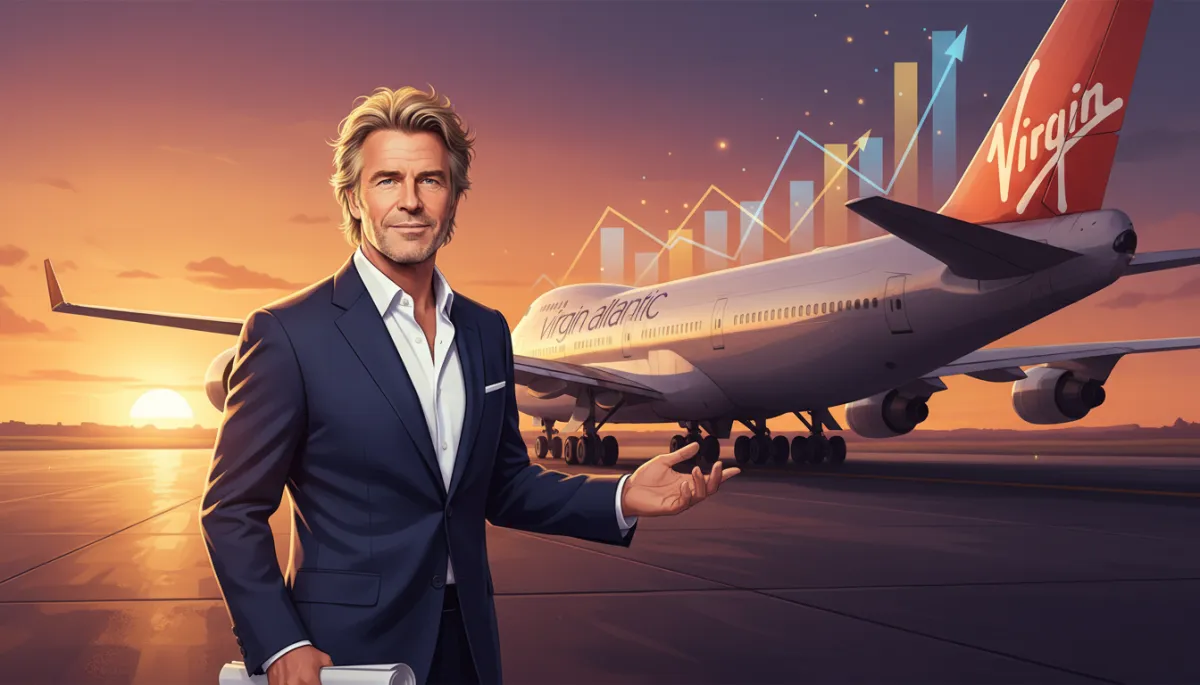 Richard Branson standing near a Virgin Atlantic Boeing 747 on a runway at sunset, smiling confidently while holding flight documents, subtle overlay of sales charts rising upward in the sky