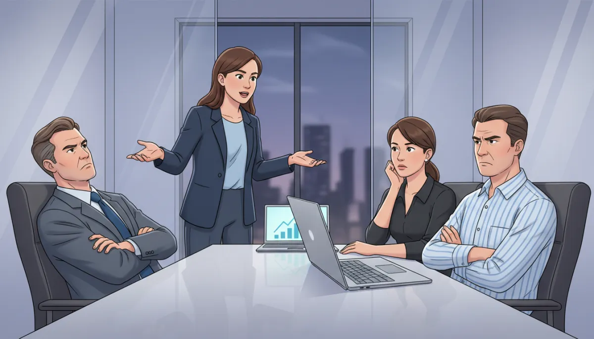 startup founder in a small glass-walled meeting room facing a group of skeptical corporate buyers, one buyer leaning back with arms crossed saying no, subtle sales charts on a laptop screen between them