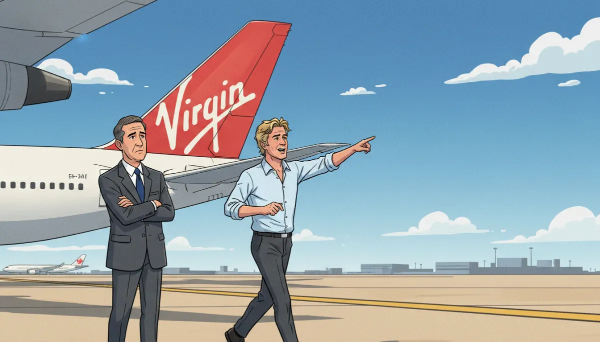 Richard Branson walking on an airport tarmac beside a Virgin Atlantic 747, pointing toward the sky while talking to a skeptical-looking banker in a suit