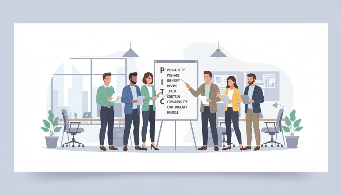 startup sales team in an open-plan office standing around a whiteboard where the PITCH Formula letters P I T C H are written, each with bullet points about risk handling