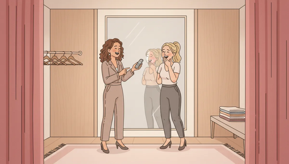entrepreneur in a retail store fitting room area showing a product demo to a skeptical buyer, both women laughing as they see the before-and-after effect