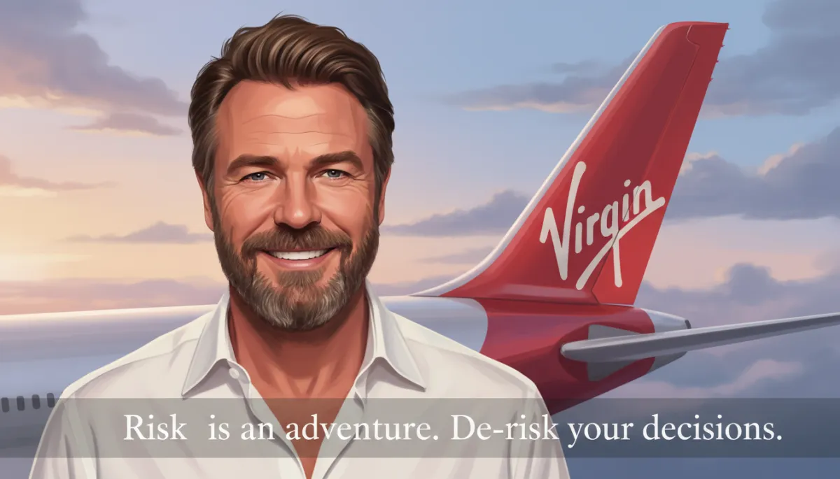 Close-up portrait of Richard Branson smiling in front of a Virgin Atlantic plane, soft sky background, subtle quote overlay about risk and de-risking decisions