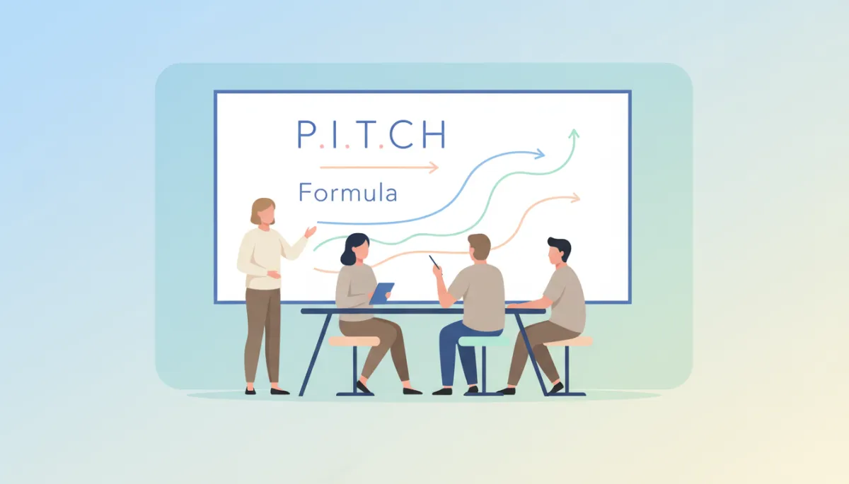 Founder teaching team the P.I.T.C.H. Formula on a whiteboard