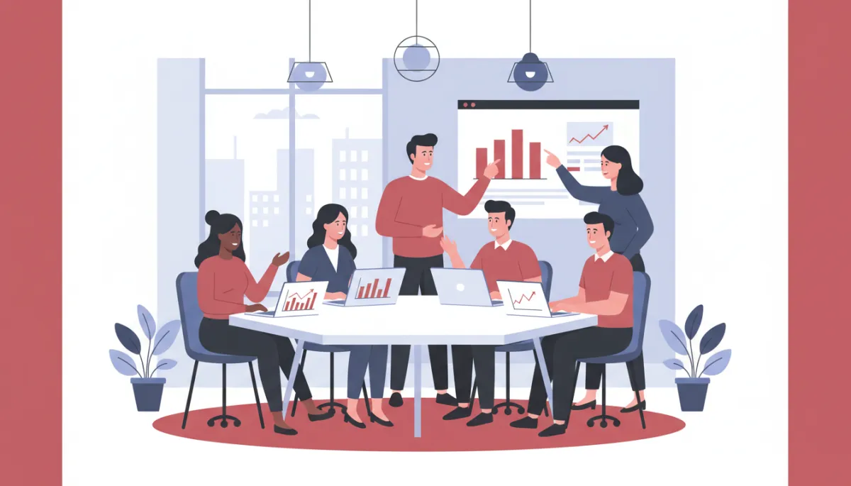 Startup team reviewing improved sales metrics together