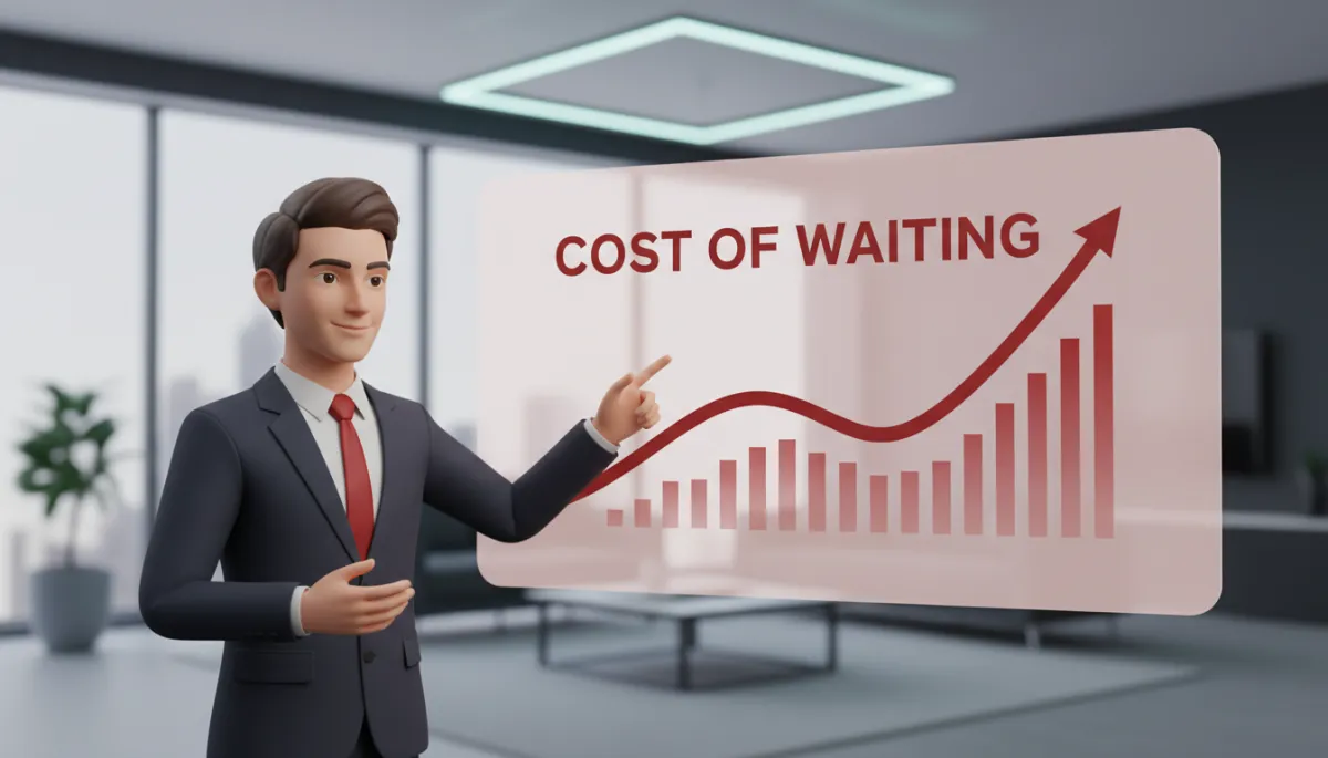 professional scene of a startup founder on a video call pointing to a screen with a red #991b1b timeline showing cost of waiting, calm confident body language, modern office background