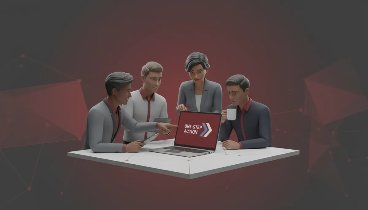 professional side view of a small startup team gathered around a laptop, founder pointing at a one-step action plan slide in #991b1b, relaxed but focused energy