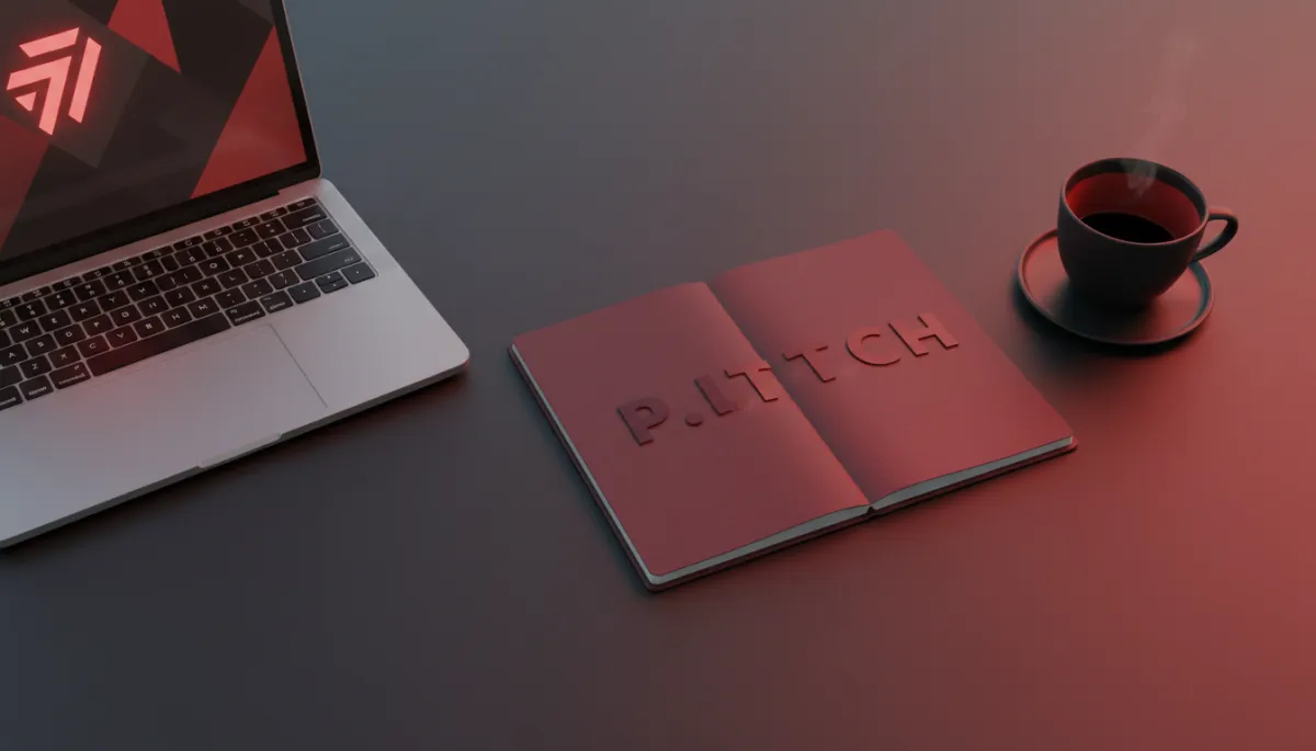 professional overhead shot of a founder’s notebook on a desk with P.I.T.C.H. written in bold #991b1b letters, laptop and coffee nearby, calm focused vibe