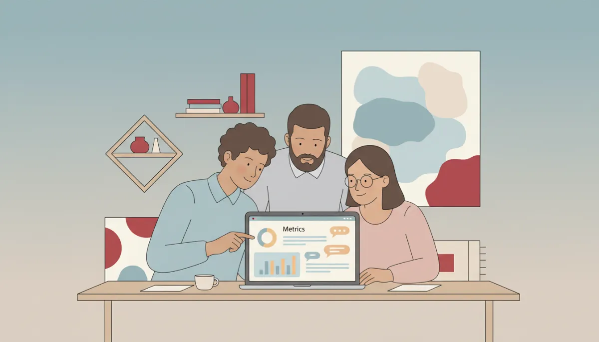 Startup team reviewing customer testimonials and metrics together