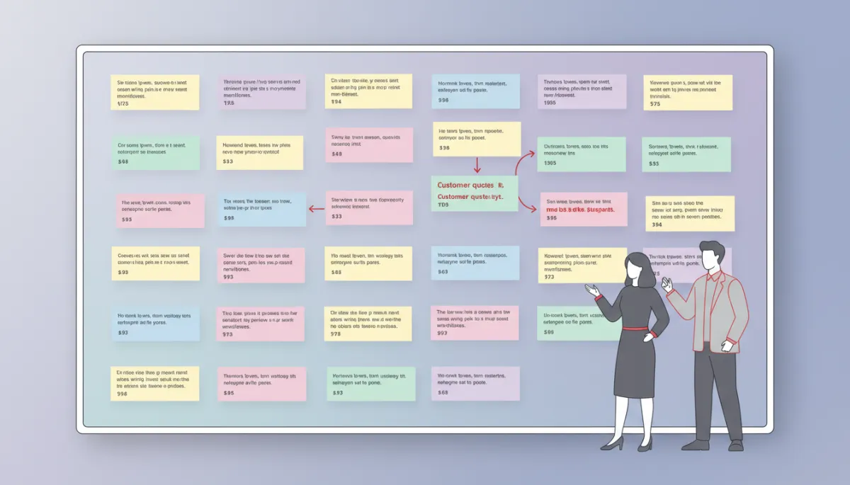 Founders reviewing a digital whiteboard filled with customer quotes and metrics