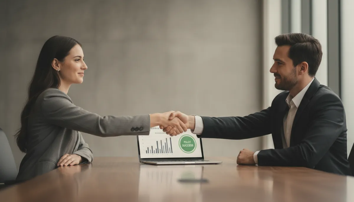 professional neutral-tone meeting scene showing founder shaking hands with corporate buyer across table, laptop open with simple metrics dashboard showing pilot success, relaxed confident expressions