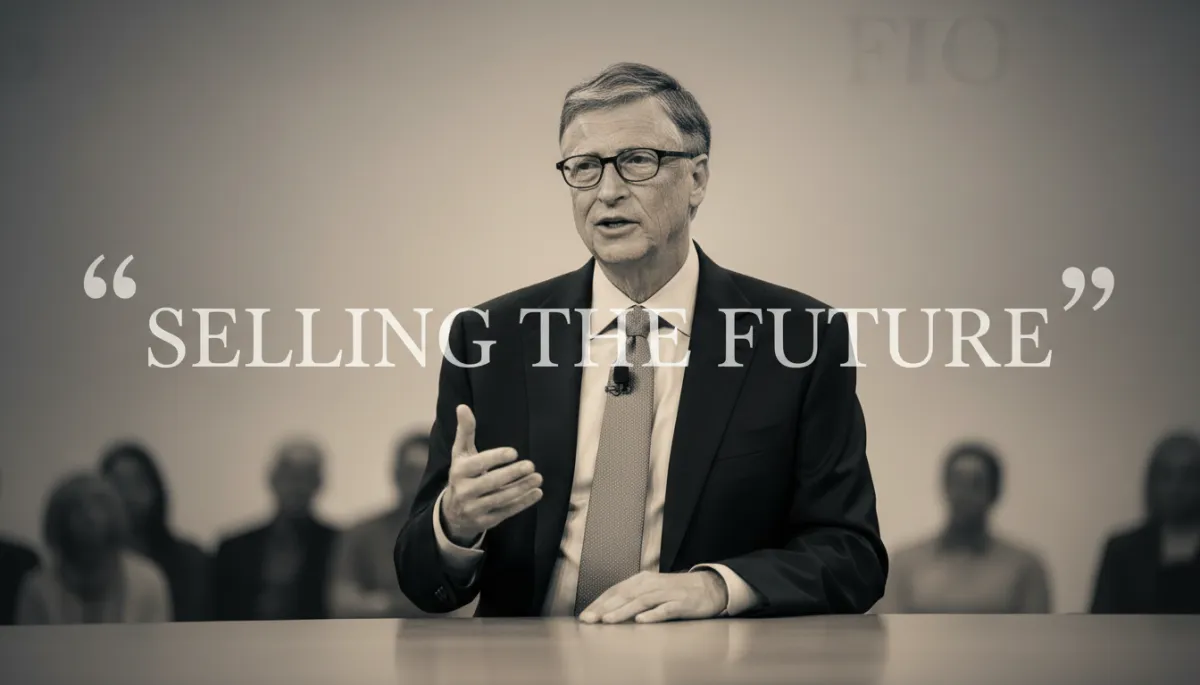 Bill Gates speaking on stage with quote overlay
