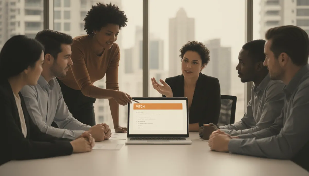 professional neutral-tone scene of startup founder and small team gathered around laptop, reviewing simple sales playbook with the word PITCH highlighted, calm collaborative atmosphere