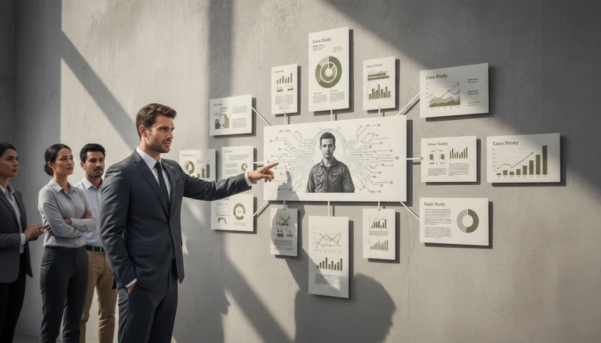 professional neutral-tone collage-style scene showing a single pilot customer result expanding into multiple case study cards on a wall, founder pointing at them with small team