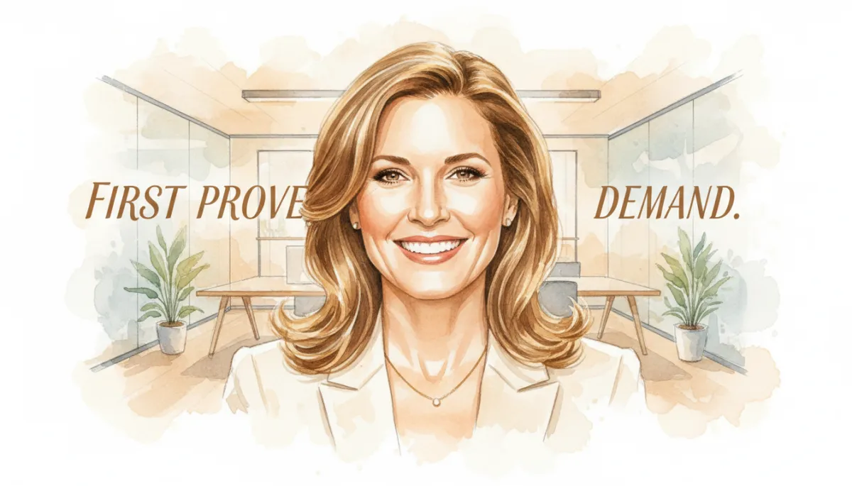 Sara Blakely smiling confidently in a modern office