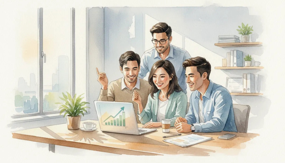 Startup team celebrating growth around a laptop