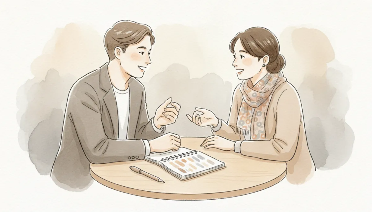 Founder interviewing a customer at a small table