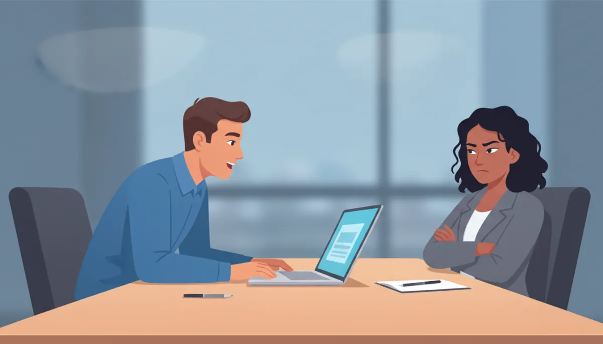 Founder and skeptical buyer seated across a meeting table, laptop open between them, buyer leaning back with crossed arms, founder leaning forward listening intently, modern office setting